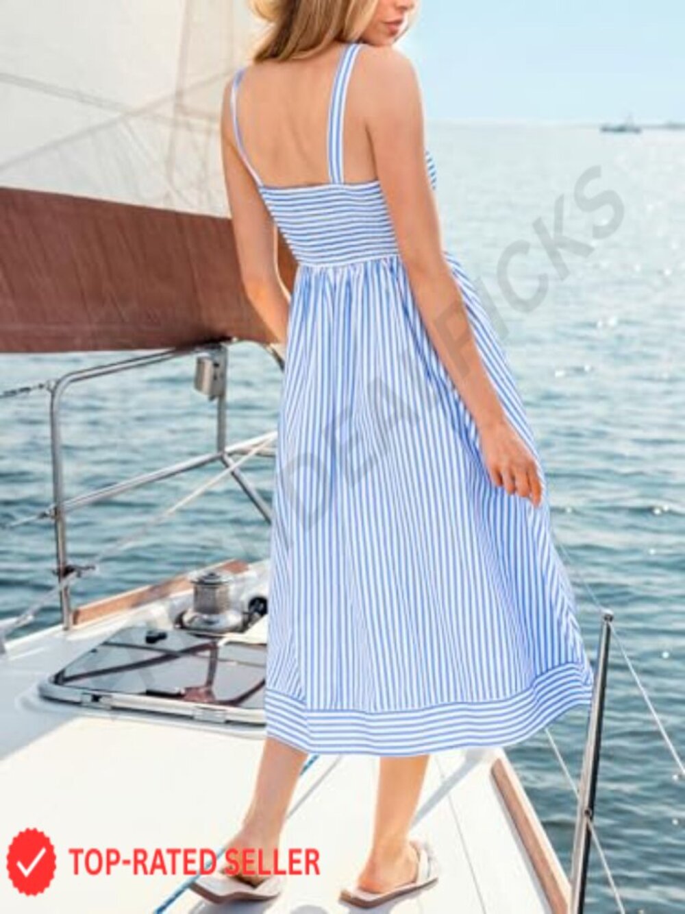 Striped Smocked Back Midi Sundress Cutout Spaghetti Strap Knot Front Flowy - Picture 3 of 7